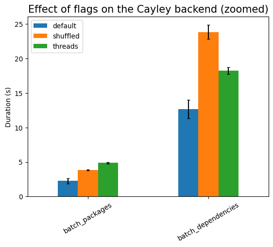 The effect of flags on the Cayley backend (zoomed)