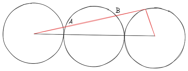 What is the length of the chord when the tangent to the third circle starts from the center of the first circle?